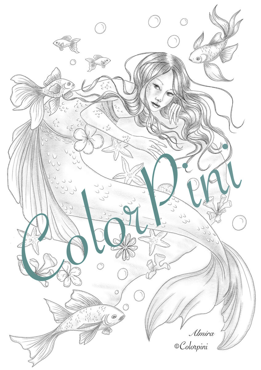 Almira, a hand-drawn grayscale fantasy woman coloring page from a Colorpini themed 6-page coloring book by Carolyn Pini, Swiss artist