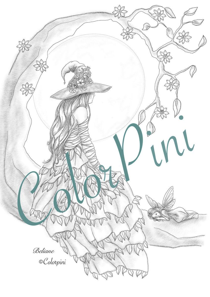 Beliane, a hand-drawn grayscale fantasy woman coloring page from a Colorpini themed 6-page coloring book by Carolyn Pini, Swiss artist